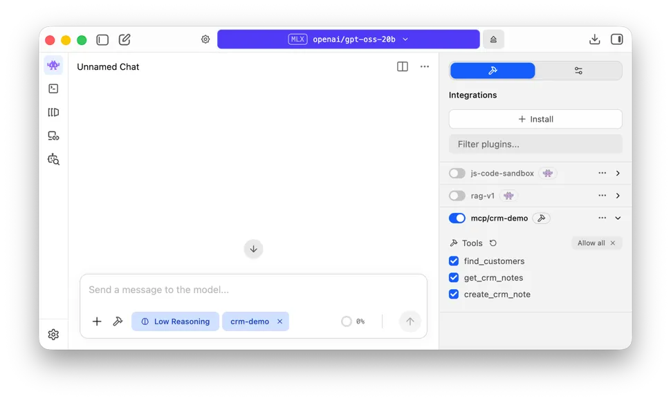 LM Studio's Integrations panel showing the connected crm-demo MCP server and its three tools: find_customers, get_crm_notes, and create_crm_note.