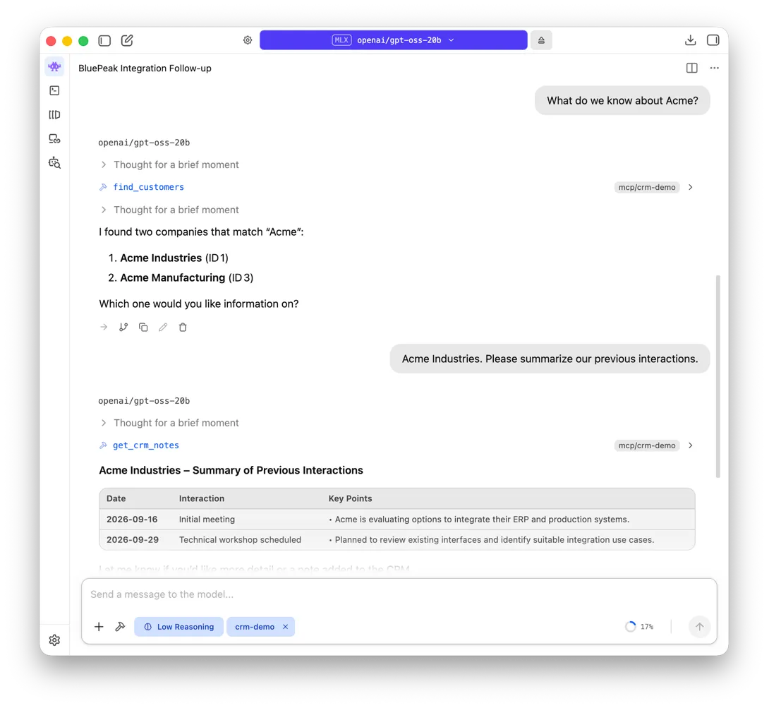 LM Studio finds Acme Industries and Acme Manufacturing, asks which customer was intended, and retrieves Acme Industries' CRM interaction history.