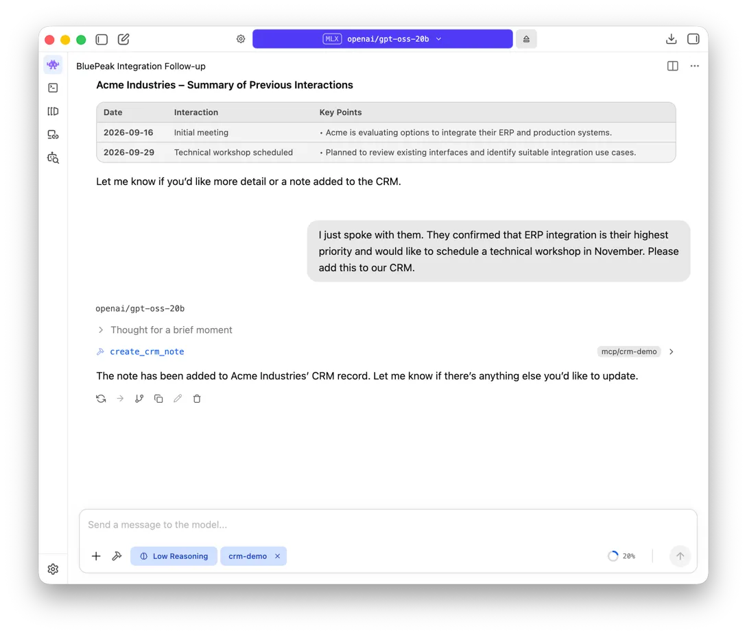 LM Studio invoking create_crm_note after a user asks it to save Acme Industries' ERP integration priority and November workshop request.