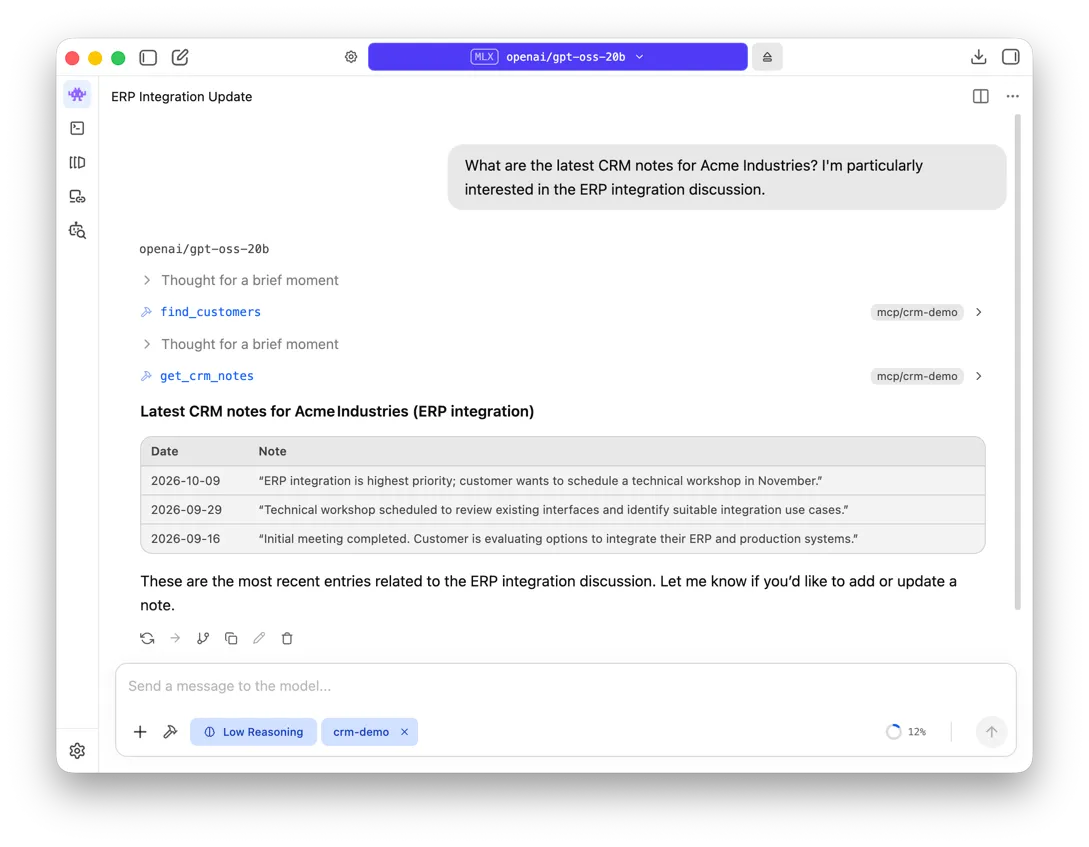 A fresh LM Studio conversation retrieving Acme Industries' CRM notes, including the newly saved ERP integration priority and November workshop request.