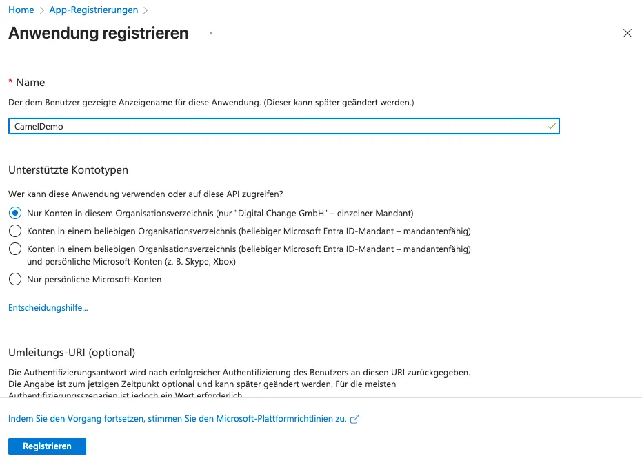 Entra Anwendung registrieren