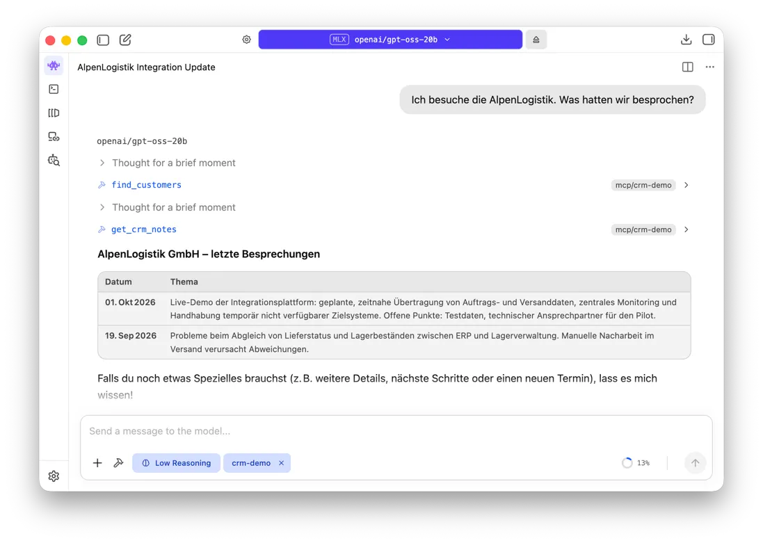 KI unterstützt bei der Abfrage eines lokalen CRM